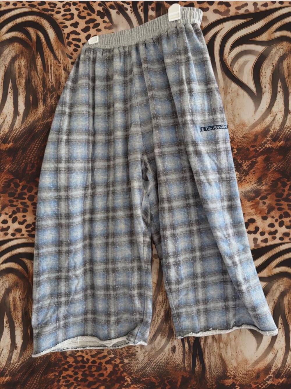 lets Frans Blue Gray Plaid Wide-Leg Lounge Pants